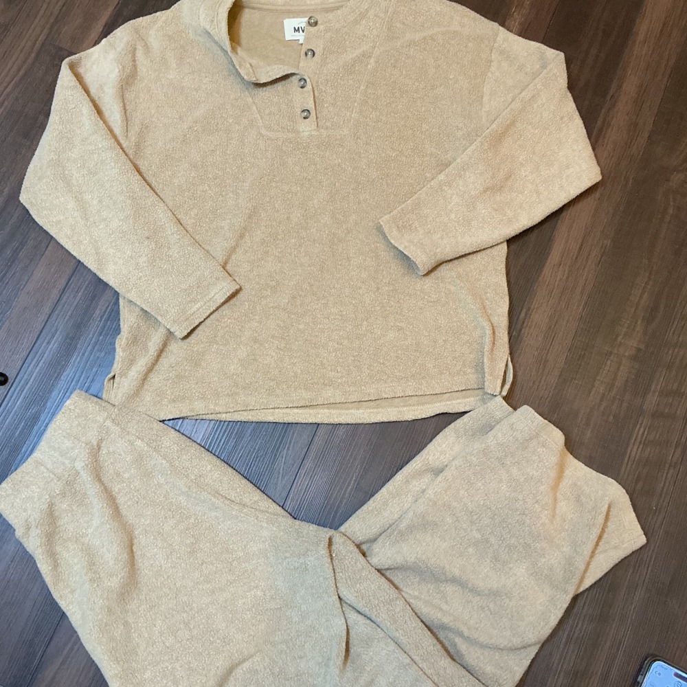 Madewell MWL Terry Henley Top and Wide Leg Pants Lounge Set Tan XS Matching Set